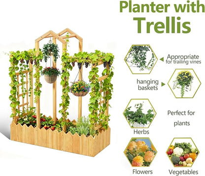 Raised Garden Bed with Arch Trellis, Wood Planter Box with Hanging Roof & Side Trellis, Above Ground Elevated Garden Bed for Outdoor Climbing Plants, Vines, Patio, Balcony