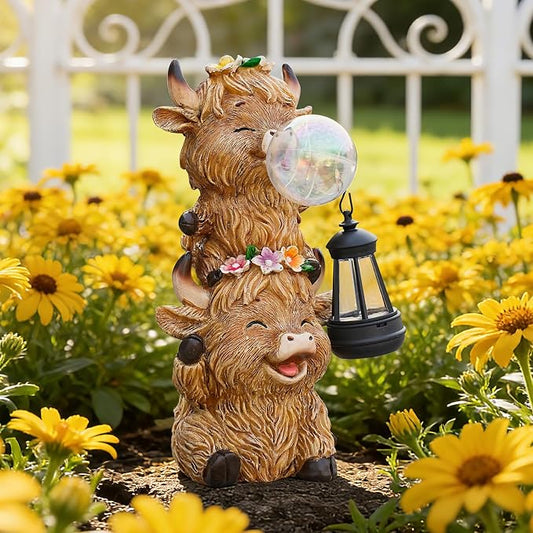 Joint Honglin Solar Highland Cow Garden Statue, Cute Resin Outdoor Decor with Glowing Lantern & Light-Up Bubble, Waterproof Solar Yard Ornament for Lawn, Patio & Garden Decorative Gift (Brown Cow)