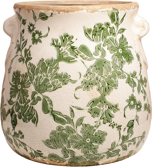 Ceramic Flower Vase, Cottagecore Vases & Planting Pots with Drainage | 6.68" Retro Farmhouse Indoor Plant Pots, English Cottage Decor for Kitchen Dining Table Living Room Bookshelf, Green
