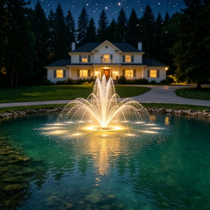 Vellara 120W Floating Pond Fountain with Built-in RGB LED Lights – 4 Spray Nozzles Included, 65ft Cord, Designed for Small Ponds