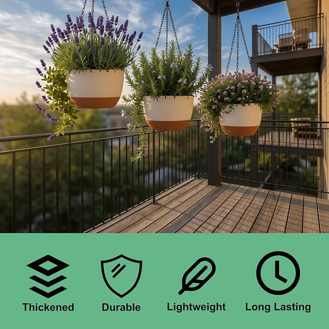 FUSHITON 3 Pack Hanging Planters for Indoor & Outdoor Plants, 10+10+8 Inch Self-Watering Pots with 2 Types of Hangers, Removable Saucer and Drainage Holes for Garden Home Decor - White
