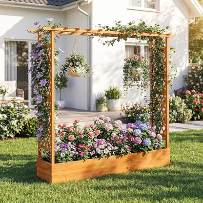 S AFSTAR 2 Pieces Raised Garden Beds with Arch Trellis, Hanging Roof & Drainage Holes, 77-Inch Vertical Plant Container for Vine Climbing Plant Flower, Outdoor Wood Elevated Planter Box for Garden