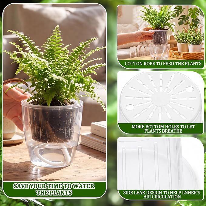 54 Pcs Self Watering Pots, 3.5 Inch Plastic Flower Plant Pot with Inner Pot Self Watering Wick Planter White Clear Flower Pots for Indoor House Plants Herbs, Flowers, Succulents(Transparent)