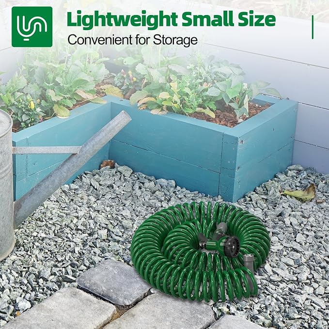 SPECILITE 3/8" Lightweight Coil Garden Hose 50 FT, EVA Flexible Curly Water Pipes with 6-Pattern Spray Nozzle for Boat, Greenhouse, Yard, Patio, Green