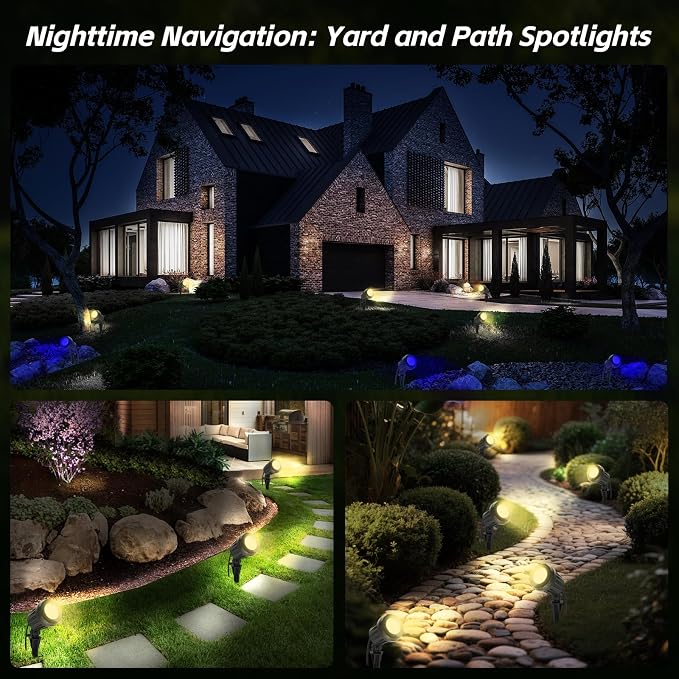 Spotlight Outdoor – 120V Plug-in, 2700K Warm White LED Landscape Spot Lights with RGB 3 Lenses for Yard, Garden, Lawn&Tree Decor, IP67 Waterproof, Perfect for Holidays&Everyday (4 Pack, Black)