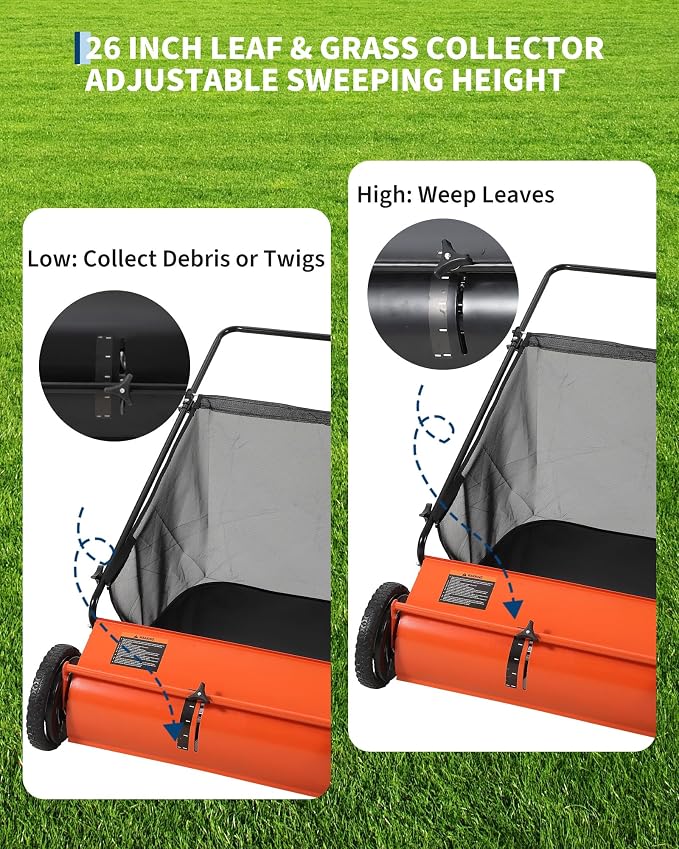 GarveeLife 26 Inch Push Lawn Sweeper with 4 Spinning Brushes, 7 Cu.ft Large Capacity Leaf Collector, Adjustable Height Grass Sweeper, All Terrain Lawn Leaf Debris Removal Tool for Yard Garden Patio