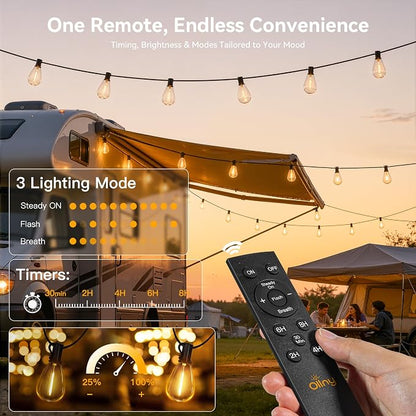 Ollny S11 100FT Solar String Lights Outdoor with Remote, Waterproof Dimmable Patio Lights with Timer & 3 Lighting Modes, 35 Shatterproof Edison Bulbs, String Lights for Outside Backyard Party Decor
