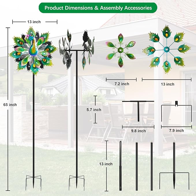 Outdoor Peacock Wind Spinners Featuring Glittering Gem Decor, 13.5" D x 65" H Double Layer Kinetic Wind Sculptures, 360° Rotatable Metal Garden Wind Spinners for Yard and Outdoor Decor Blue