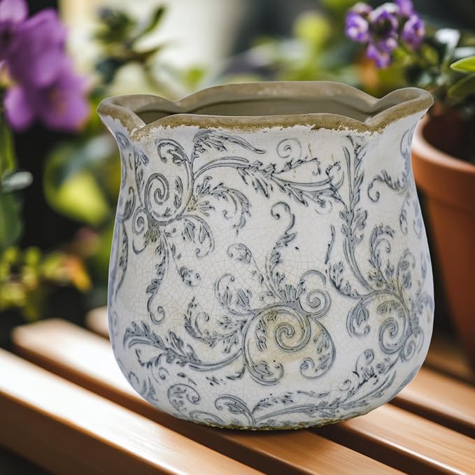 Dosayes Rustic Ceramic Planter, 6 Inch Tuscan Vintage Flower Pot with Drainage, Farmhouse Garden Pot for Indoor Plants, Kitchen & Garden Tuscan Decor, Plant Lover Gift (Grey)