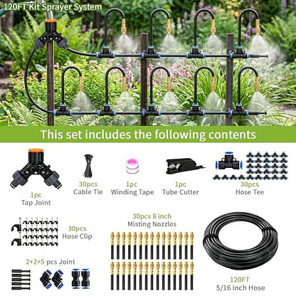 120FT Sprayer Irrigation System, Drip Irrigation Kit with 30 PCS 360° Adjustable Misting Copper Nozzles for Garden, Lawn, Patio, Greenhouse