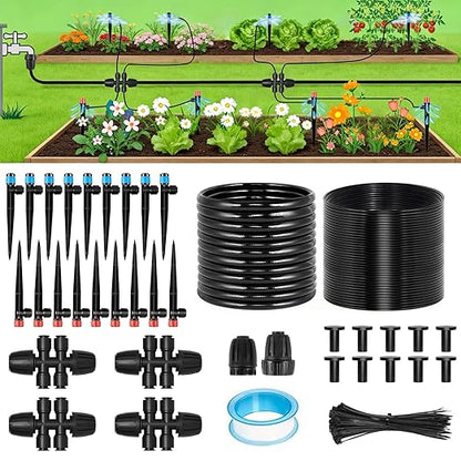 Drip Irrigation System, 106FT Drip Irrigation System Kit, Press-to-Connect & Detachable Quick-Connect, 1/2" & 1/4" Tool-Free Tubing, Adjustable & Sprinklers Nozzles for Garden, Lawn,Potted.