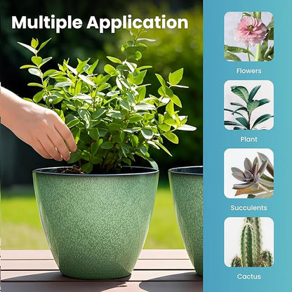 Vanslogreen 2 Pack Plant Pots for Indoor Outdoor Plants, 8 inch Plastic Flower Pots, Glazed Planter for Aloe, Herbs, Cactus (Green, 2pcs)
