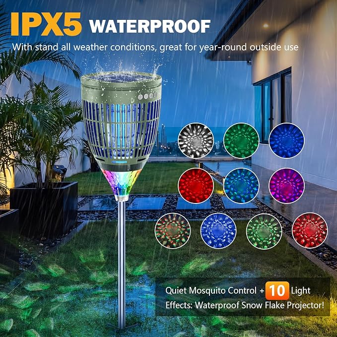 All in 1 Solar Bug Zapper Outdoor, Flame & Projection Mode, Auto/Manual Modes, 4200V Electric Mosquito Killer with High Powered, IPX5 Waterproof Rechargeable Fly Insect Trap for Patio Garden Yard RV