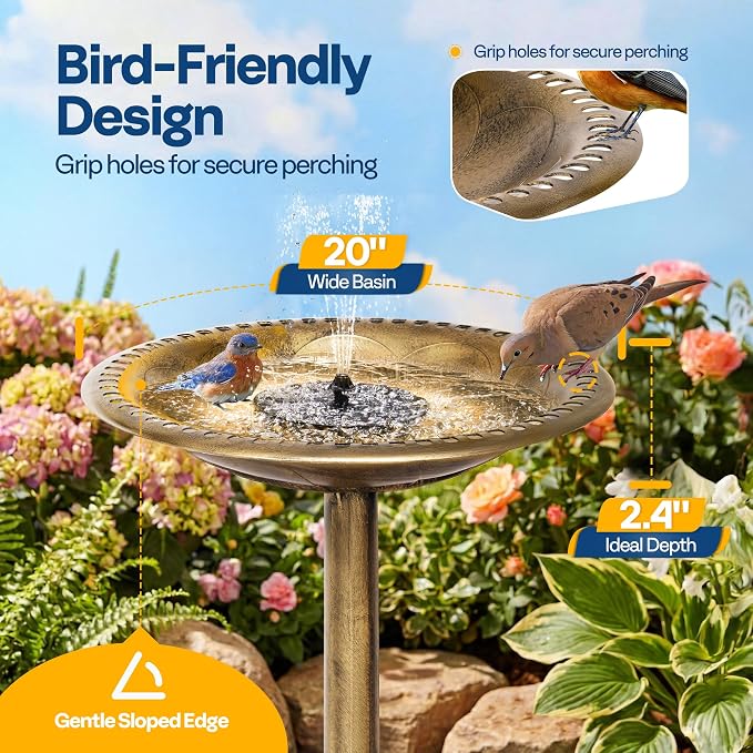 VIVOHOME Bird Bath with Solar Fountain for Outside, Polyresin Pedestal Bird Baths with Solar Powered Pump for Outdoor, Garden, Weather-Resistant Birdbaths with 20" Bowl, Golden