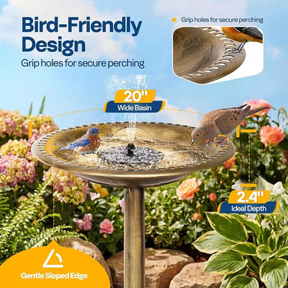 VIVOHOME Bird Bath with Solar Fountain for Outside, Polyresin Pedestal Bird Baths with Solar Powered Pump for Outdoor, Garden, Weather-Resistant Birdbaths with 20" Bowl, Golden