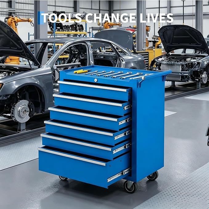 IDEALHOUSE Rolling Tool Chest, 6 Drawers Tool Storage Cabinet, Toolbox with Wheels, Portable Tool Cabinet Organizer with Locking System & Drawer Liners, Tool Storage Cart for Garage, Workshop, Blue