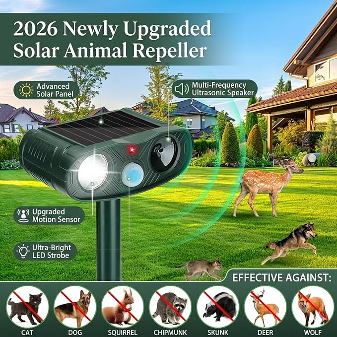 Sonic Fortress Pro Deer Repellent Device,2 Pack Solar Animal Repeller | 2026 Motion Sensor Squirrel Fortress Pro Raccoon,Cat Repellent Outdoor with LED Flash Light for Garden, Farm, Yard