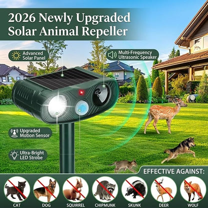 Sonic Fortress Pro Deer Repellent Device,2 Pack Solar Animal Repeller | 2026 Motion Sensor Squirrel Fortress Pro Raccoon,Cat Repellent Outdoor with LED Flash Light for Garden, Farm, Yard