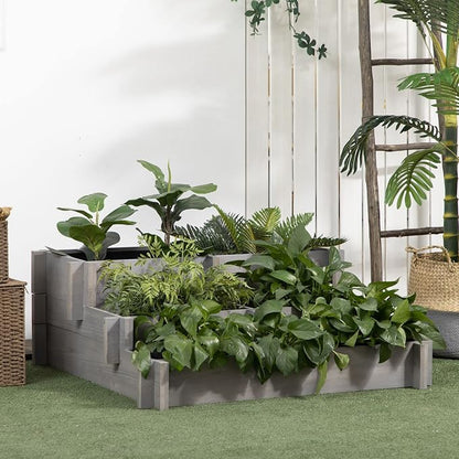 Outsunny 3-Tier Raised Garden Bed with 5 Compartments and Bed Liner, Fir Wood Elevated Planter Box, for Vegetables, Herbs, Outdoor Plants, 37 x 37 x 14in, Gray