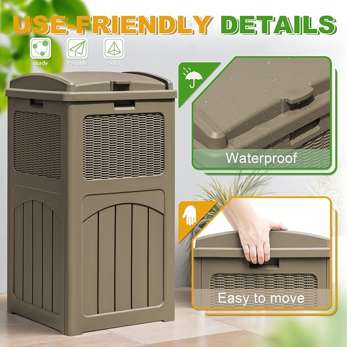 Greesum 33 Package Delivery Box for Outside, Patio Waterproof Resin Garbage Bin with Lid for Hideaway, Deck, Patio, Light Coffee