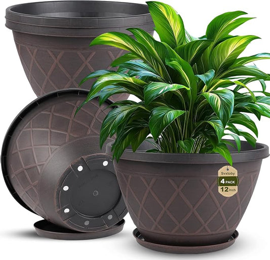 4 Pack 12 Inch Pots for Plants, Decorative Plastic Flower Pots with Drainage Hole & Saucer, Modern Large Planters for Outdoor Indoor Plants, Garden, Balcony, and Home Decor (Brown)