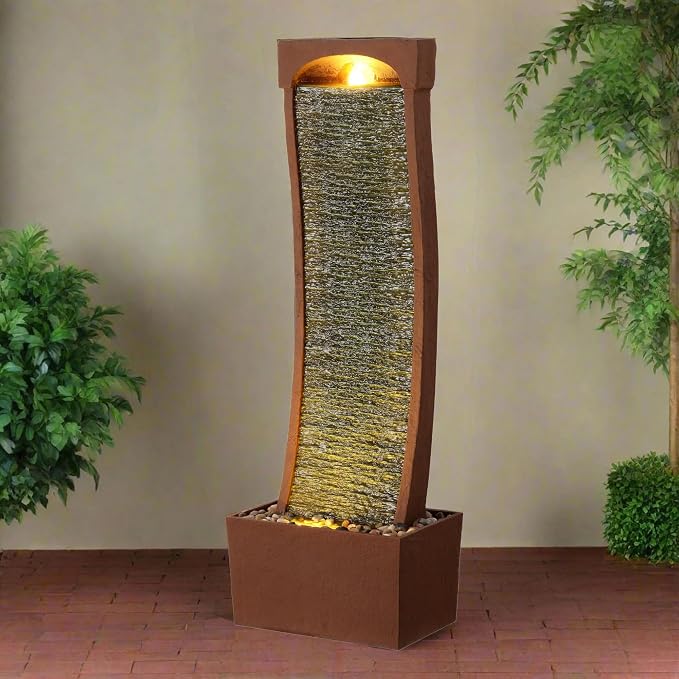 Teamson Home 38.5" Indoor/Outdoor Modern Curved Faux Slate Waterfall Fountain with LED Lights, Red Rock | Freestanding, Faux Slate, LED Lights, Red Rock, Weather-Resistant