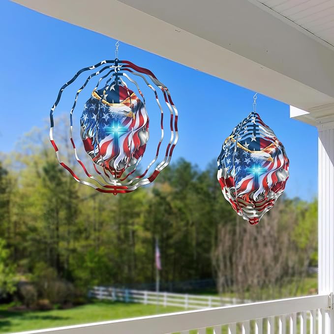 FLAGWIX American Eagle Decorations - 3D Stainless Steel Metal Wind Spinners 12 in - 4th of July Decorations for Window Yard Garden Patio, Patriotic Outdoor Decor, Eagles Gifts for Men Women Friends