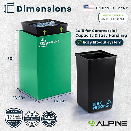 Alpine Commercial Indoor Recycle Bin - 29 Gallon Modern Looking Green Recycle Bin, Office Recycling Bins, Metal Trash and Recycling Container with Stickers & 3 Optional Lids (lid Sold Separately)