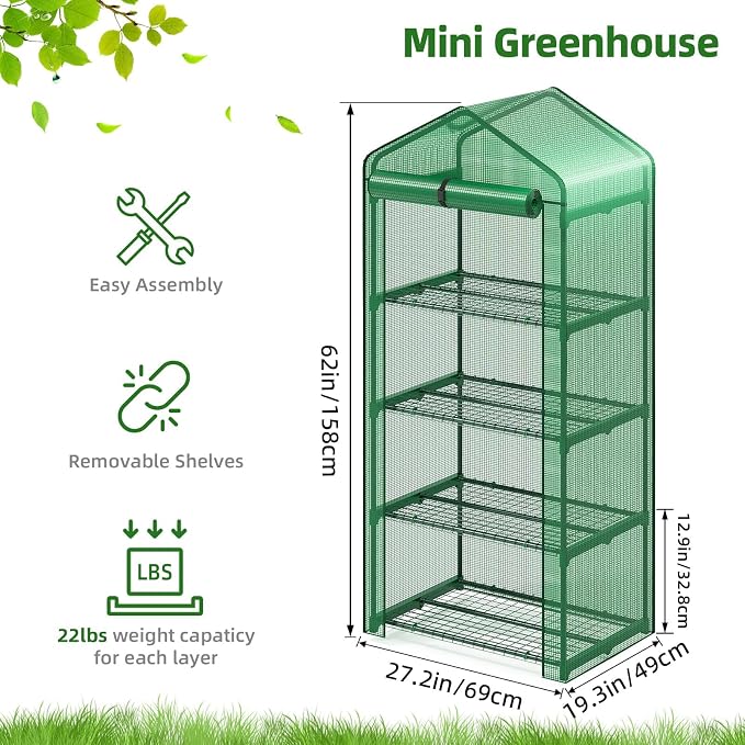 Superlele Mini Greenhouse, Plant Stand for Indoor Outdoor, 27x19x62-Inch Plant Greenhouse, 4 Tier Plant Shelf with Green PE Mesh Cover, Portable Greenhouse for Seeding, Gardening Gifts