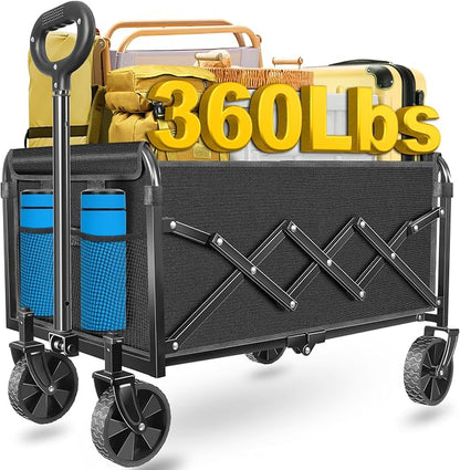 Collapsible Wagon Cart with Wheels, Compact 360 lb Folding Cart,Pitch Black | Portable utility wagon for groceries, shopping, camping, garden, sports, picnics, laundry, apartment errands and small hauls