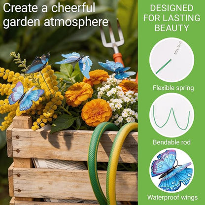 30PCS Blue Butterfly Decorations Artificial Garden Stakes for Garden Decor | 3D Double Layer Waterproof Flower Arrangements Outdoor Indoor Spring Garden Decor