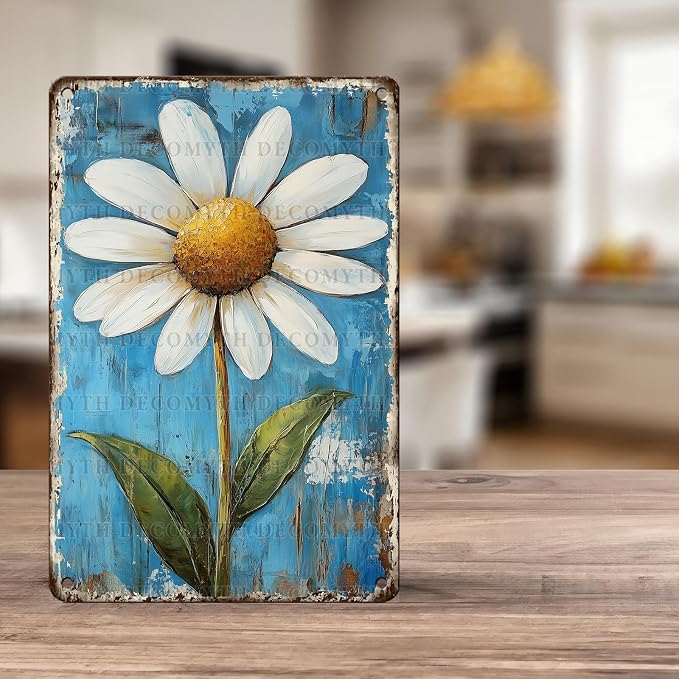 Vintage Daisy Flower Tin Sign Retro Garden Metal Poster Funny Wall Art Cafe Office Home Bar Plub Club Shop Toilet Indoor Man Cave Farmhouse Accessories Bathroom Farm Garden Plaque 12 * 8inch