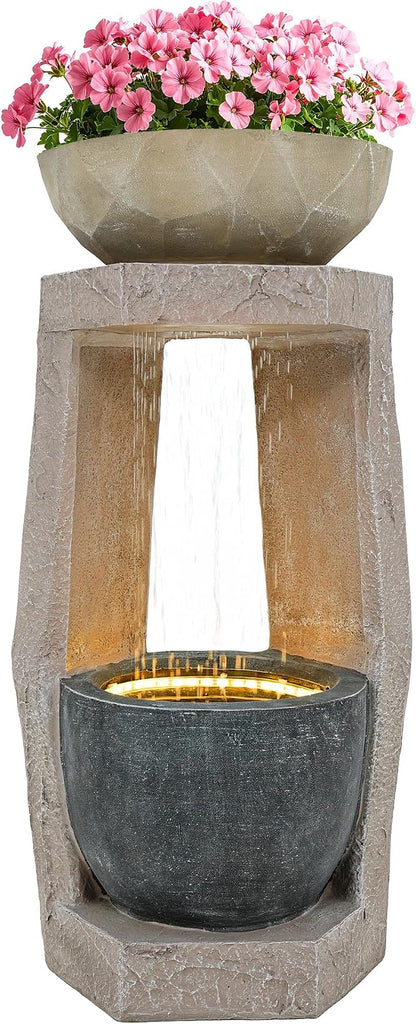 32" Modern Geometric Outdoor Fountain with Birdfeeder | Two Bowls Water Feature with LED Lights, Resin Soothing Cascading Waterfall for Patio, Backyard, Garden or Porch