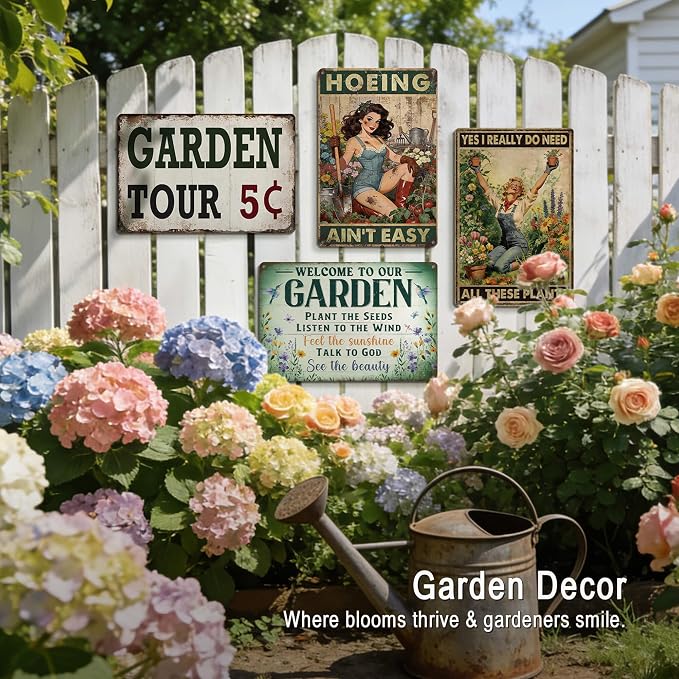 Funny Garden Sign for Outside Garden Decor Plant Lovers Gift | Vintage Gardening Gifts for Women Gardeners Farmhouse Backyard Greenhouse Wall Art Decor Hoeing Ain't Easy Tin Sign 12x8 Inch