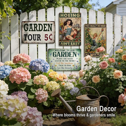 Funny Garden Sign for Outside Garden Decor Plant Lovers Gift | Vintage Gardening Gifts for Women Gardeners Farmhouse Backyard Greenhouse Wall Art Decor Hoeing Ain't Easy Tin Sign 12x8 Inch