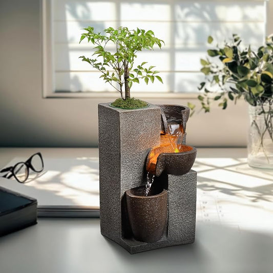 Resin Tabletop Waterfall Fountain with LED Light & Plant Pot, Indoor Desk Water Fountains for Home Office Decor (22028N)