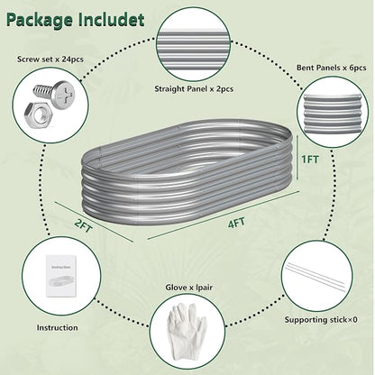 Galvanized Raised Garden Bed Outdoor, 4x2x1ft(2Pack) Metal Heavy Duty Planter Boxes for Gardening, Easy Assemble Bottomless Small Oval Plant Container Kit for Vegetable, Flower, Fruit, Silver