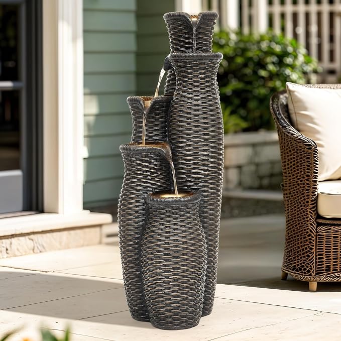 33" H Outdoor Water Fountain with LED Lights, Faux Rattan Vase Water Feature with 5-Tier Cascading Waterfall, Durable Polyresin Decor for Tranquil Oasis in Garden, Patio, Yard