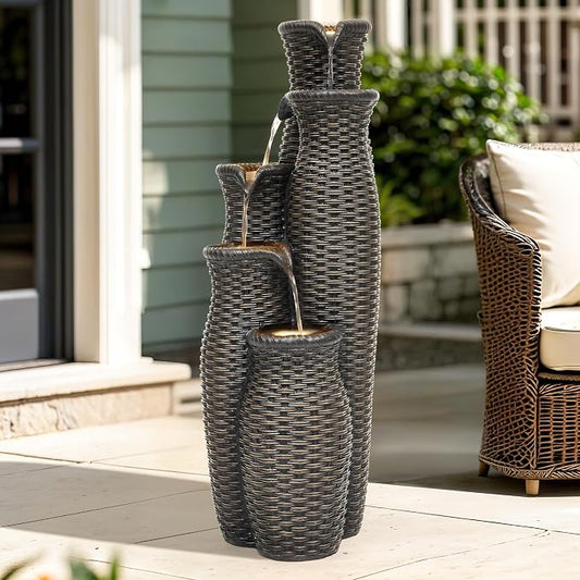Autodaya 5-Tier Faux Rattan Vase Water Fountain Outdoor with LED Lights | Polyresin Cascading Waterfall Feature, Unique Natural Water Feature, Tranquil Oasis for Garden, Patio Yard Porch Decor, 33"H