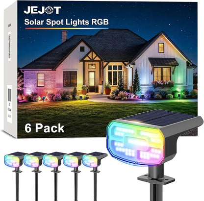 JEJOT Color Changing Solar Spot Lights Outdoor Waterproof IP65,8 Lighting Modes Multicolor RGB Christmas Spotlight for Porches Yard Gardens Landscape Deconrations-6 Pack