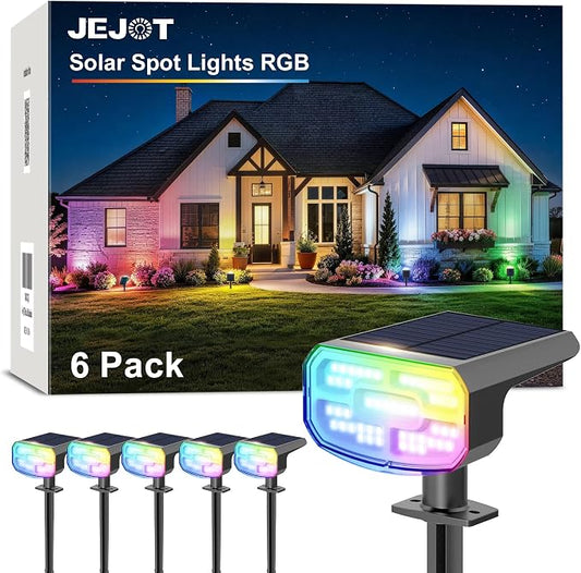 JEJOT Color Changing Solar Spot Lights Outdoor Waterproof IP65,8 Lighting Modes Multicolor RGB Christmas Spotlight for Porches Yard Gardens Landscape Deconrations-6 Pack