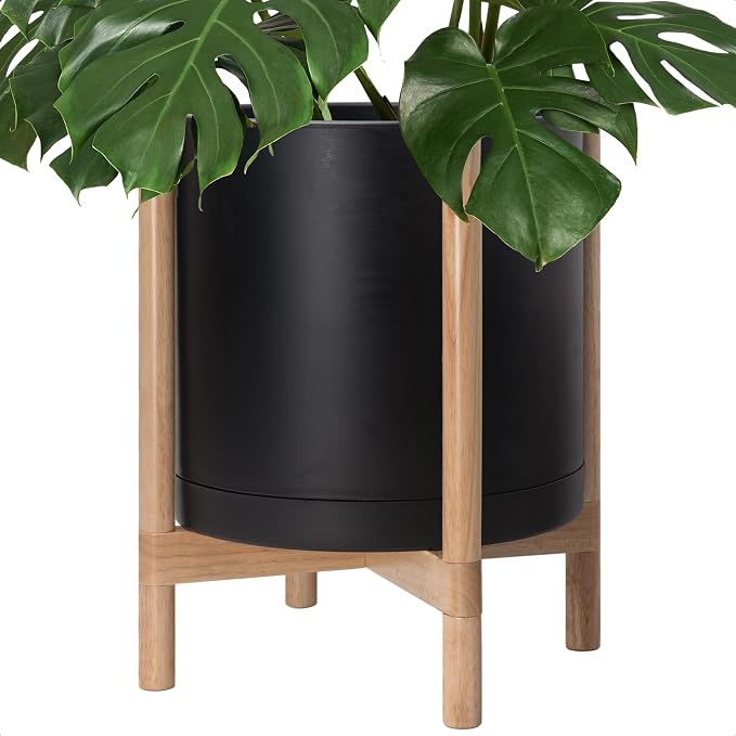 D'vine Dev Plastic Pot with Natural Wood Stand, Black, 16 in, 55-C-Y-2 | Mid-Century Inspired Design, Elevated Plant Display, Clean Lines, Sturdy Support, Modern Space-Saving Style