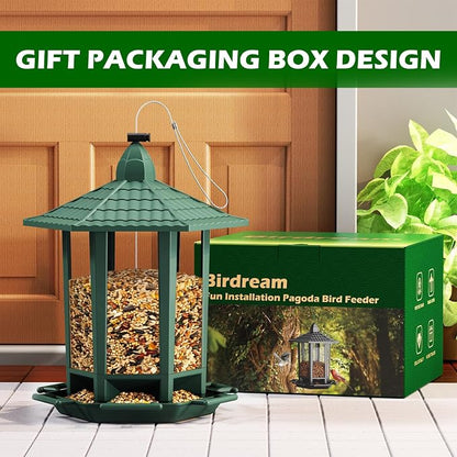 Birdream 2 Pack Bird Feeders for Outdoor Hanging, Retro Pagoda Design Fun Installation Bird Feeder, Attracting Wild Birds Chickadees Goldfinches Cardinals Finches and Sparrows - Green
