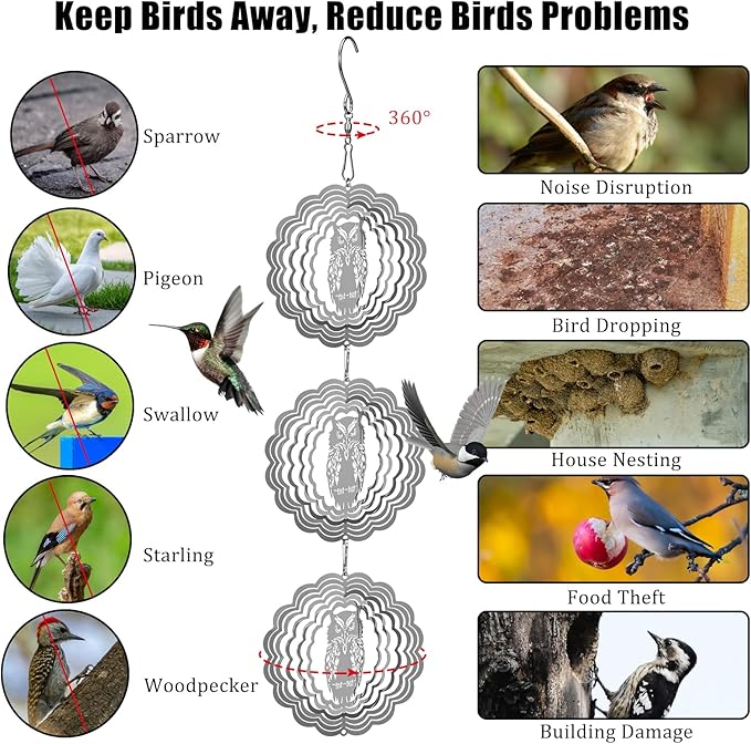 Owl Bird Deterrents for Outside,3D Stainless Steel Wind Spinners Outdoor Decor,Reflective Bird Scare Discs Set,Shiny Bird Reflectors to Keep Woodpecker Pigeon Away from House Patio Yard Porch