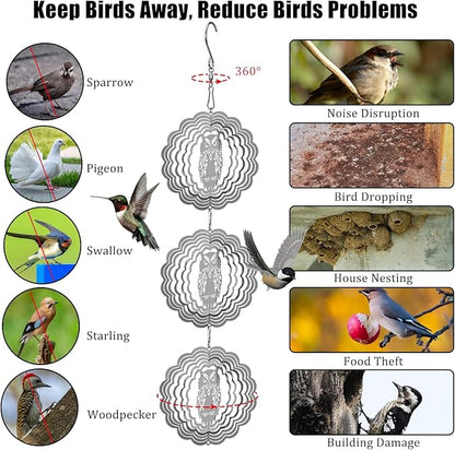 Owl Bird Deterrents for Outside,3D Stainless Steel Wind Spinners Outdoor Decor,Reflective Bird Scare Discs Set,Shiny Bird Reflectors to Keep Woodpecker Pigeon Away from House Patio Yard Porch