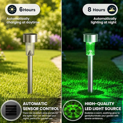 GIGALUMI Green Solar Pathway Lights, 20-Pack Outdoor Halloween Decor | Waterproof LED stainless stakes for yard, garden, driveway, walkway. Green glow creates spooky atmosphere.