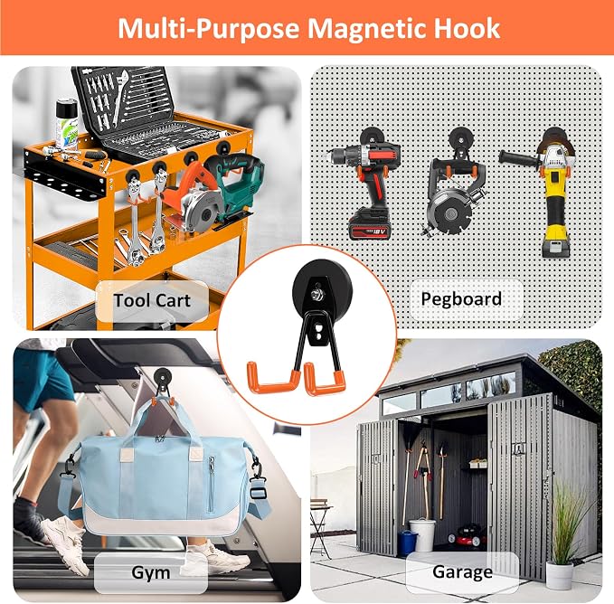 ENUODA Strong Magnetic Hooks Heavy Duty - Neodymium Magnetic Wreath Hanger, Garage Hooks for Garden Tools, Power Tools, Broom, Mops, Tool Chest, Barn, Van, Container, 6 Pack