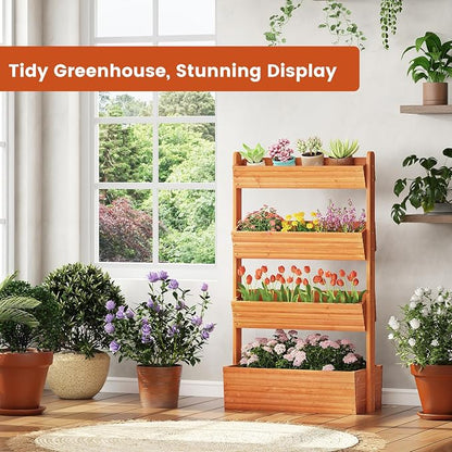 GHWIE Wooden Garden Planter Box, Raised Bed with Vertical Plant Rack, Indoor Outdoor Flower Herb Vegetable Stand (Reddish-Brown, 4 Tier)