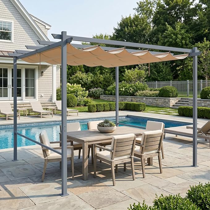 Aoodor Replacement Adjustable Canopy, Retractable Shade for Pergola, UV Resistant and Fade-Resistant, Fits 10 x 10 ft, Brown