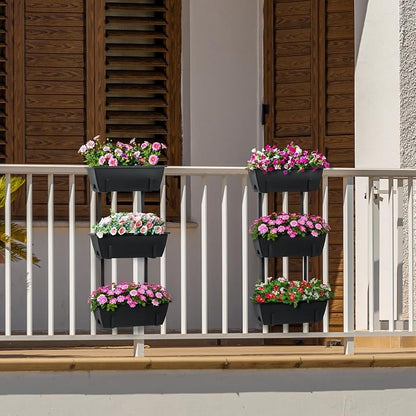 OYEAL Railing Planter Box Black Hanging Window Boxes Planter with Adjustable Brackets, Outdoor Set of 2 Deck Rail Planters with 6 Detachable Plastic Flower Pots for Garden Fence, Patio, Windowsill